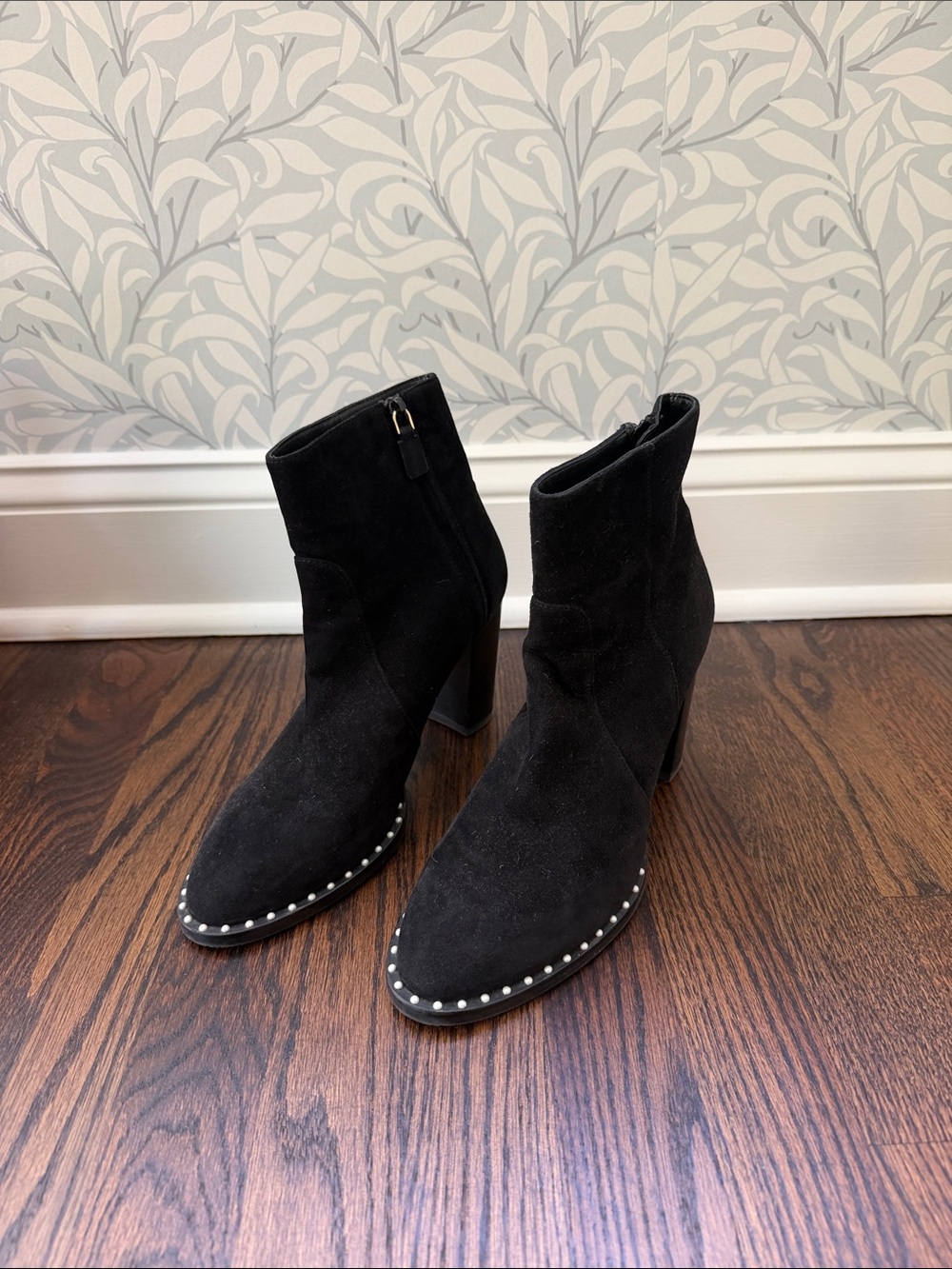 Stuart Weitzman Black Suede Stud-Trim Ankle Booties